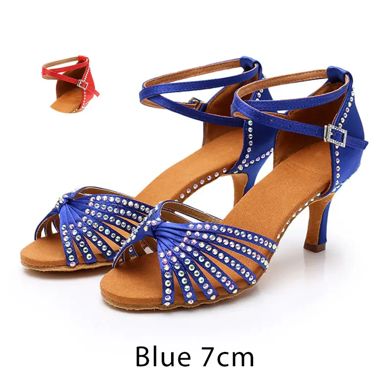 Blue1 7cm Для женщин Туфли для латинских танцев; блестящие стразы Для женщин Бальные Танцы обувь вечерние Сальса флэш-памяти, высокий каблук 5/7 см атласная блестящие сандалии - Цвет: Blue1 7cm