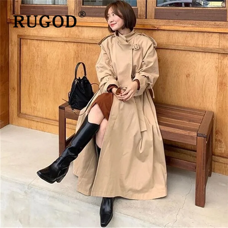 RUGOD, осень, зима, стиль, шикарный, винтажный, с поясом, собирает талию, тренчкот, женское, элегантное, длинное пальто, одноцветное, модное