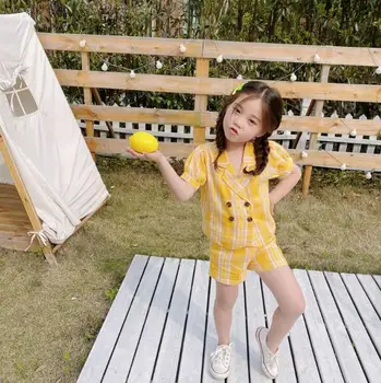 

2020 Wholesale Girls 2 pcs plaid Set Coat+Shorts Summer Fashion Girls Suits 2-7t QA606