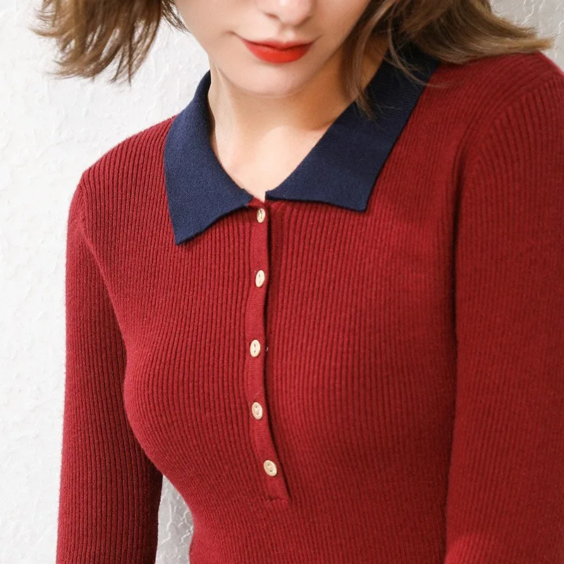 Dark Red-PJS Polo Очень эластичный пикантный зауженный американский стиль весна осень зима для женщин вязать сшивание цвет поло воротник с отворотом свитер пуловер - Цвет: Dark Red-PJS Polo
