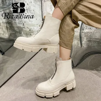 

RIZABINA Real Leather Women Ankle Boots New Design Front Zipper Shoes Round Toe Winter Boots Women Fashion Footwear Size 34-39