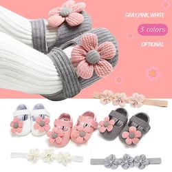 Bowknot Flower Princess Shoes+Headband Set Soft-soled Shoes Infant Toddler Baby Knit Pattern Single Shoes
