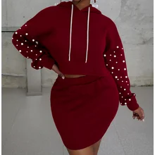 

Fashion Casual Long-sleeved Pullover Hooded Beaded Sweater Sexy Fashion Mini Skirt Fashion Two-piece Suit Casual Sportswear
