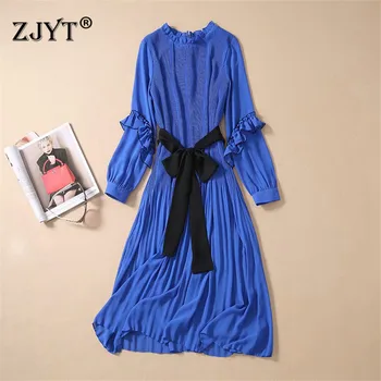 

High Fashion Woman Spring Dress 2020 New Designer Long Sleeve Ruffled Lace Up Pleated Solid Blue Dress Casual