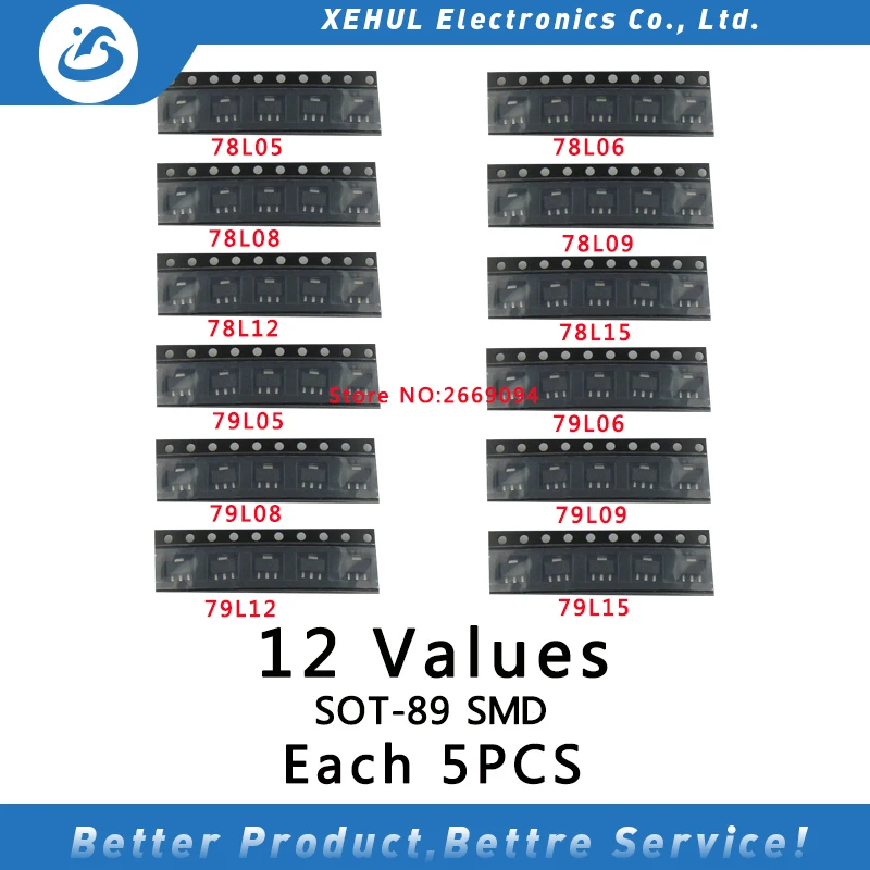 

SOT-89 SMD transistor Assorted KIT Total 12kinds X5pcs=60pcs contains 78L05 78L06 78L08 78L09 78L10 78L12 78L15 79L05 79L15