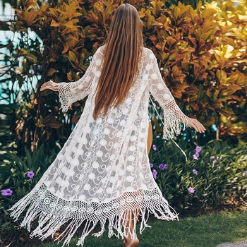 

Mossha Long sleeve White beach dress women Gossamer tunic kimono Tassel swimsuit cover-ups female Hollow out beach wear 2020 new
