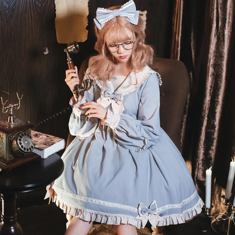 

Daily Lolita Cute Moon Sailor Collar Bow Ruffles Princess Dolly Dress Sweet Women's Navy Style Long Sleeve Pure colour OP Dress