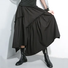 Новая мода лето осень простая эластичная талия сшивание нерегулярная свободная трапециевидная плиссированная юбка для женщин N761