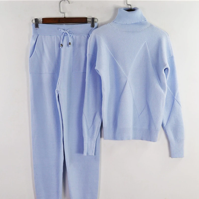 Sky Blue MVGIRLRU женщина свитер Костюмы повседневное вязаный спортивный костюм водолазка пуловеры для женщин+ брюки девочек комплект из двух предметов женские наряды - Цвет: Sky Blue