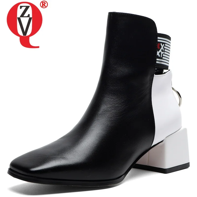 

ZVQ winter new fashion ankle boots outside high heels genuine leather square toe mixed colors zipper women shoes drop shipping