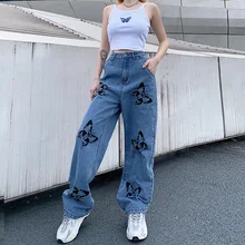 

New Vintage Butterfly Printed Straight Pants Women Casual Harajuku Denim Long Trousers Ladies Streetwear Fashion Jeans Female