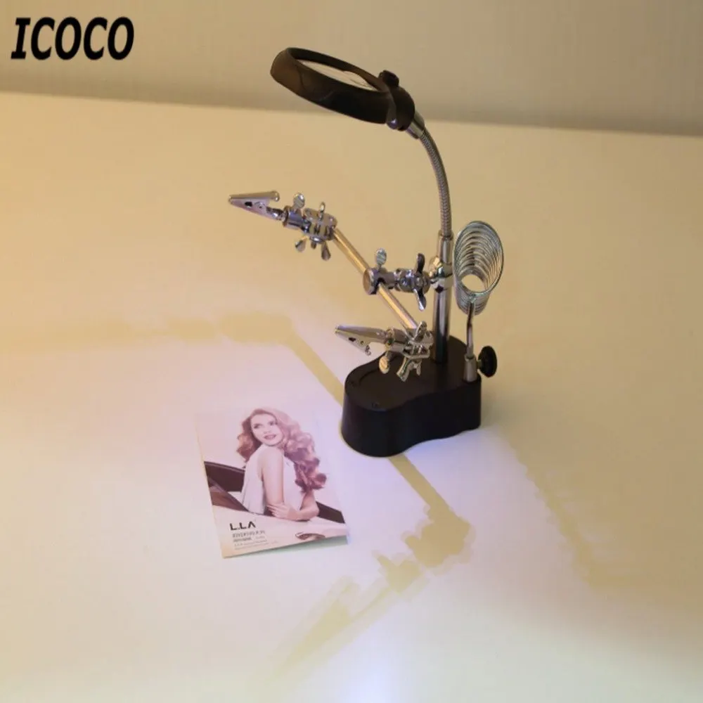 

3.5x 12X 3rd Helping Clip LED Lighting Handheld Reading Magnifying Soldering Iron Stand Glass Len Magnifier Table Light