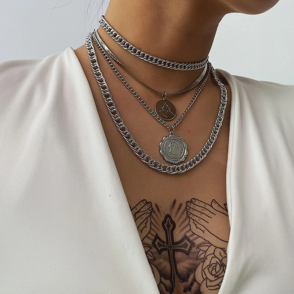 Vintage Boho Fashion Multilevel Thick Chain Necklaces For Women Gold Color Human Head Coin Pendant Necklace Jewelry fashion necklace pendant necklaces pendant necklace metal necklace statement necklace
