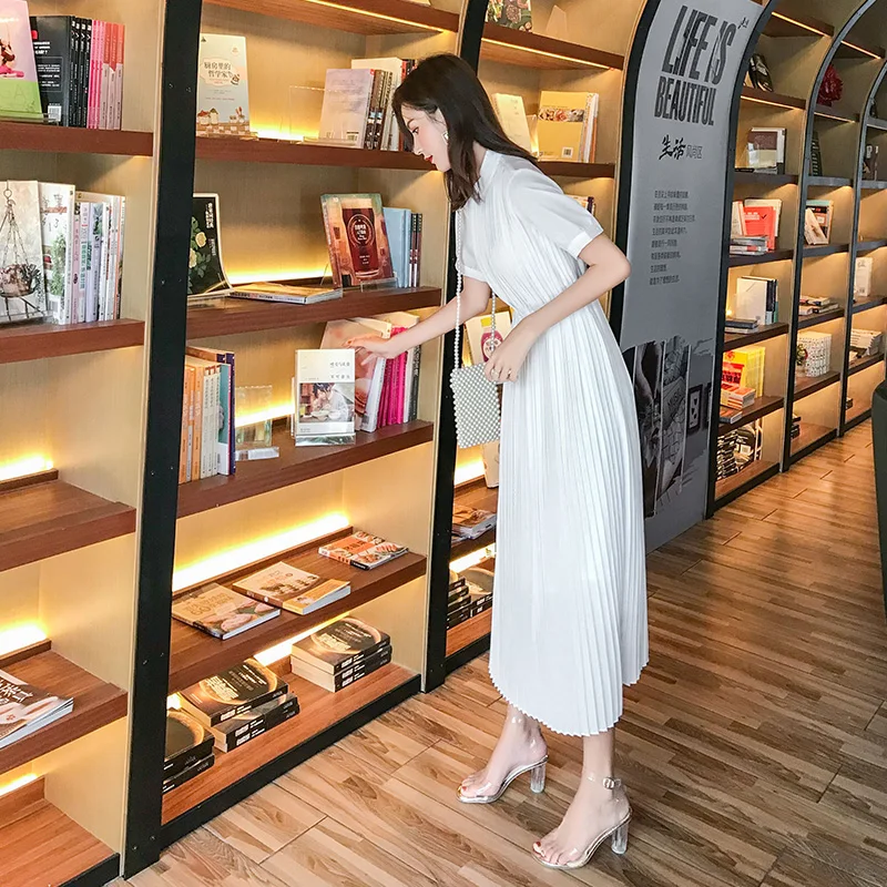 white short sleeves Лучшее весеннее длинное платье в складку летнее повседневное женское с высокой талией Elascity - Цвет: white short sleeves