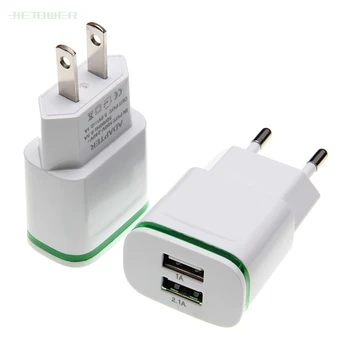 

100pcs/lot EU US Plug 5V 2A 2 USB Ports Phone Fast Charging Wall Power Adapter LED Light USB Charger Cable for IPhone 7 8 Ipad