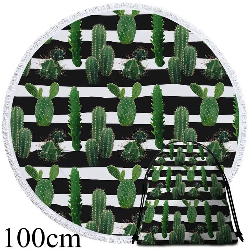 Towel 100cm-Bag BeddingOutlet тропический кактус круглый пляжное полотенце суккуленты банное полотенце с сумкой зеленое растение пляжный коврик ботанический полосатый гобелен - Цвет: Towel 100cm-Bag