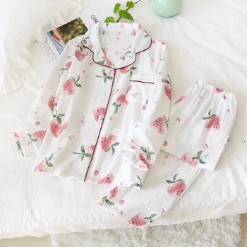 

Women Pajamas Cotton Printed Cardigan Long Sleeve And Full Pants Spring And Summer 2 Pcs Pajamas Set Femme Causal Honewear