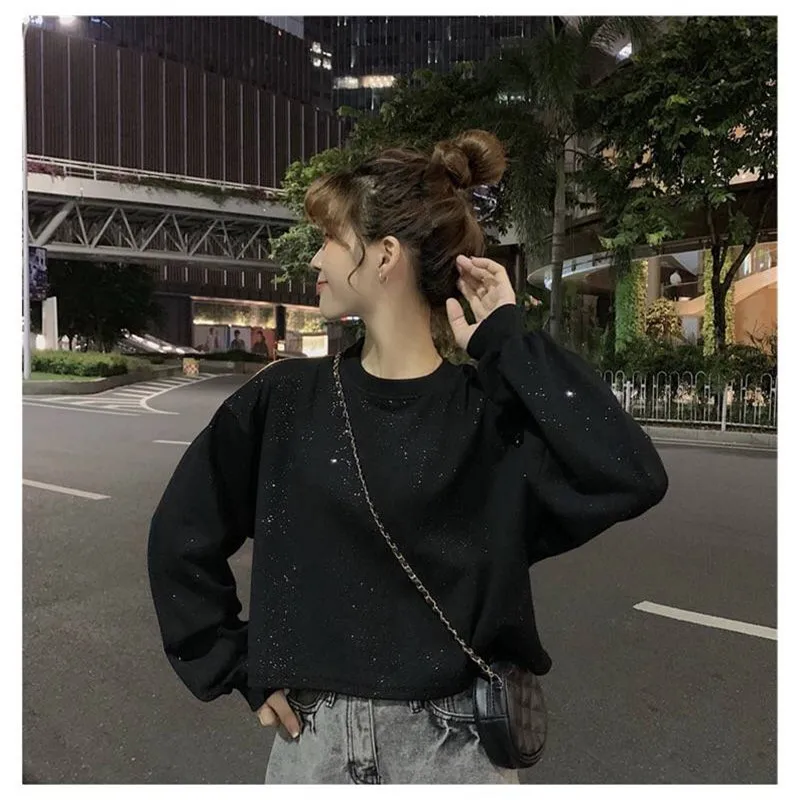 

New Autumn Simple Solid Color Sequins Women Sweatshirt Long Sleeve Black White Color Casual Hoodies Women'S Short Tops