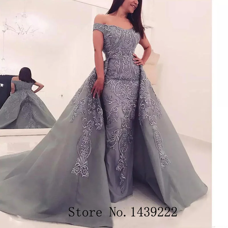 

New Sofuge Grey Off The Shoulder Evening Dresses Detachable Train Appliques Vestidos De Fiesta Robe De Soiree Custom Size