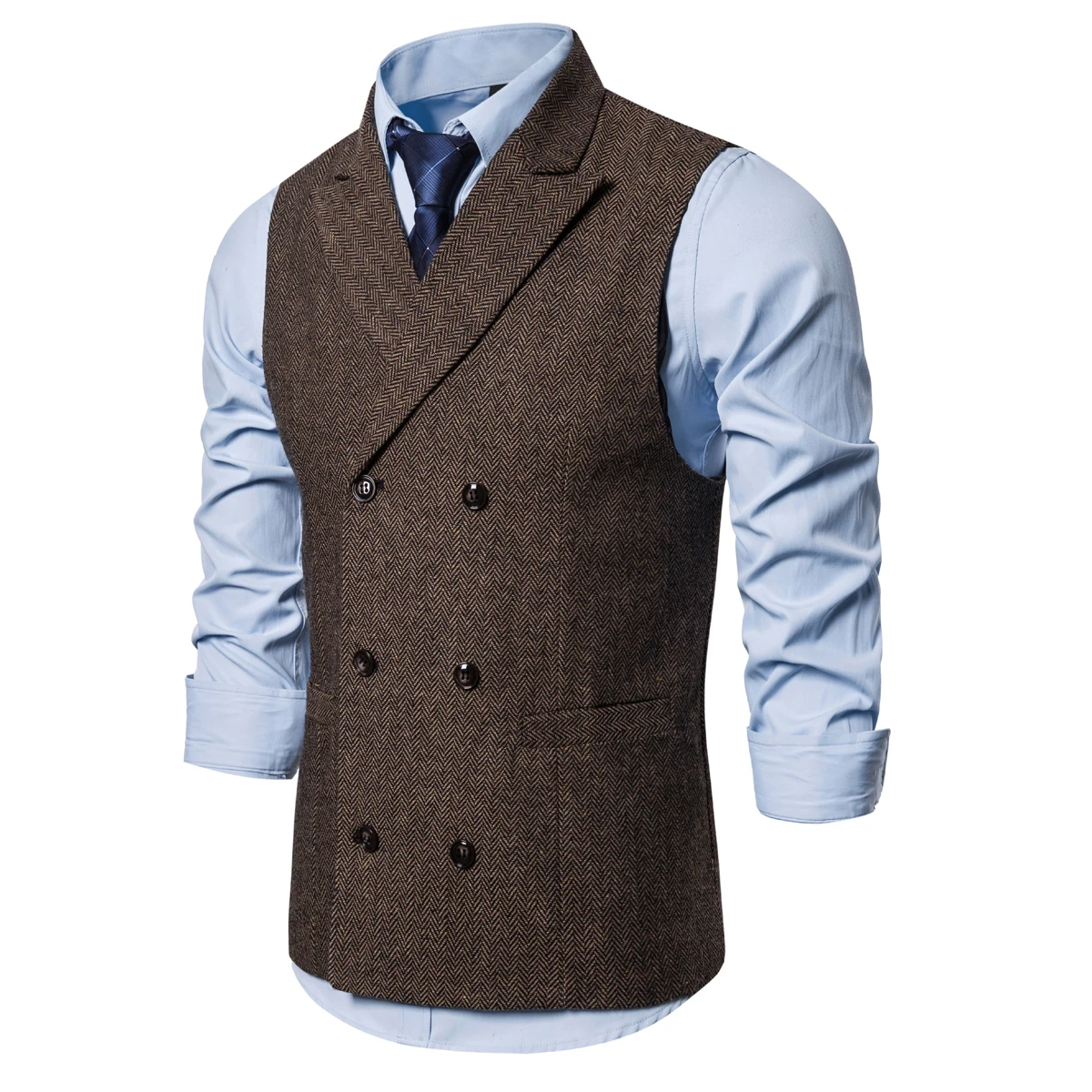 Brand Men's Waistcoat Fashion Retro Tweed Vests Classic Sleeveless Plaid Suit Vest British Style Double Breasted Gilet