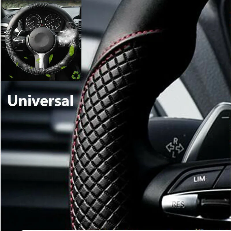 

Car Steering Wheel Cover Black & Red Stitching PU Leather Universal 38cm 15inch
