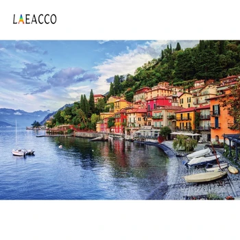 

Laeacco Blue Sky White Clouds Seaside Photography Backdrops Coastal Town Scene Photo Backgrounds Summer Holiday Photophone Props