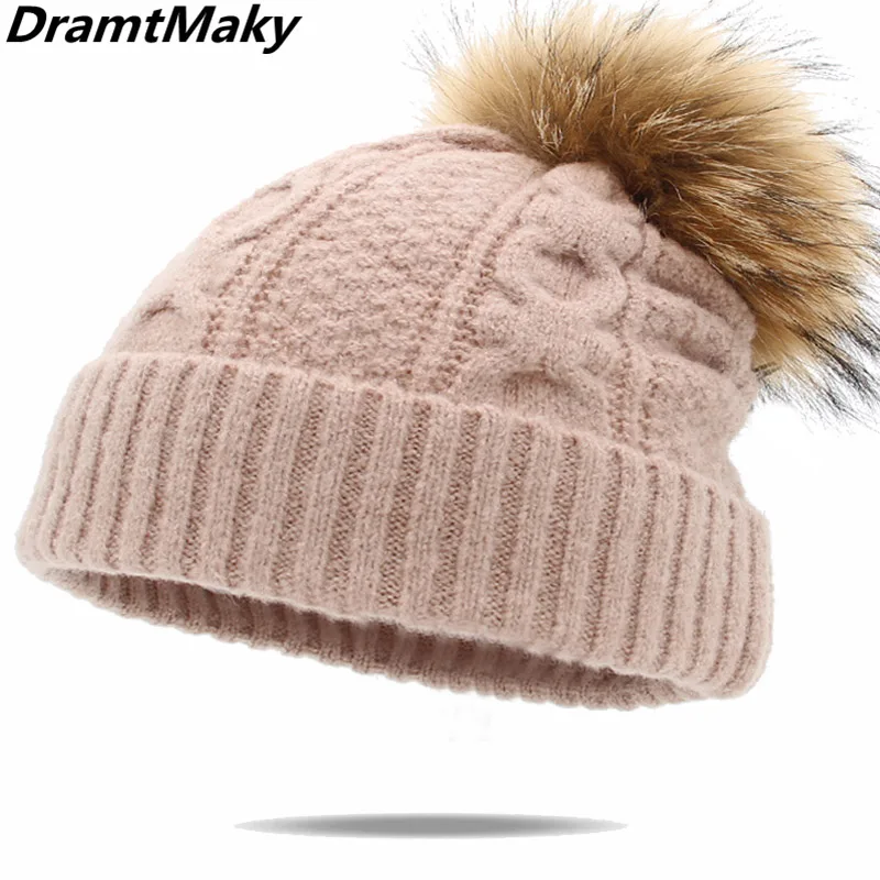 Шапка из натурального меха норки и лисы помпоны женская шапка вязаная облегающая