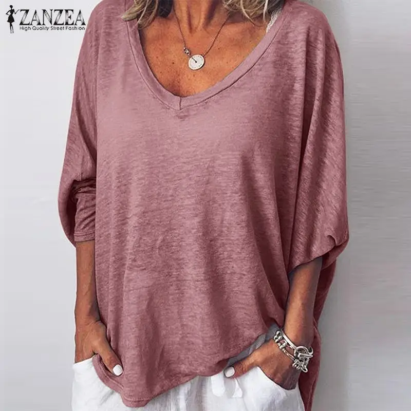 Элегантная блузка с v-образным вырезом Женские топы Осень ZANZEA повседневные однотонные женские рубашки с длинными рукавами плюс размер туника Chemise