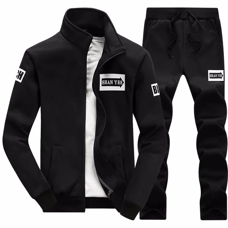 Black Спортивный костюм из двух предметов, мужская куртка, брюки, модная спортивная одежда для отдыха на открытом воздухе, спортивный костюм со стоячим воротником, мужские брюки с длинными рукавами - Цвет: Black