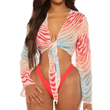 

Womens 3Pcs Brazilian Bikini Halter Micro Swimsuit with Tie Front Mesh Cover Ups A69C