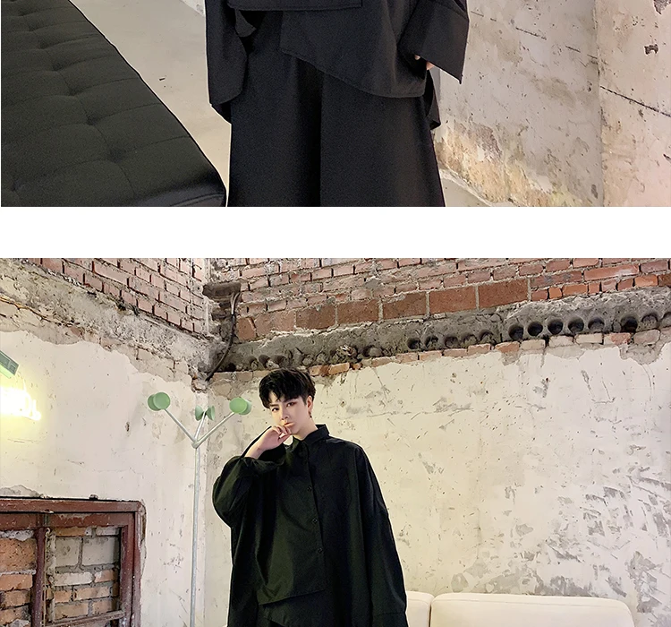 Men Long Sleeve Asymmetric Design Loose Black White Shirt Male Japan Streetwear Hip Hop Gothic Casual Shirts