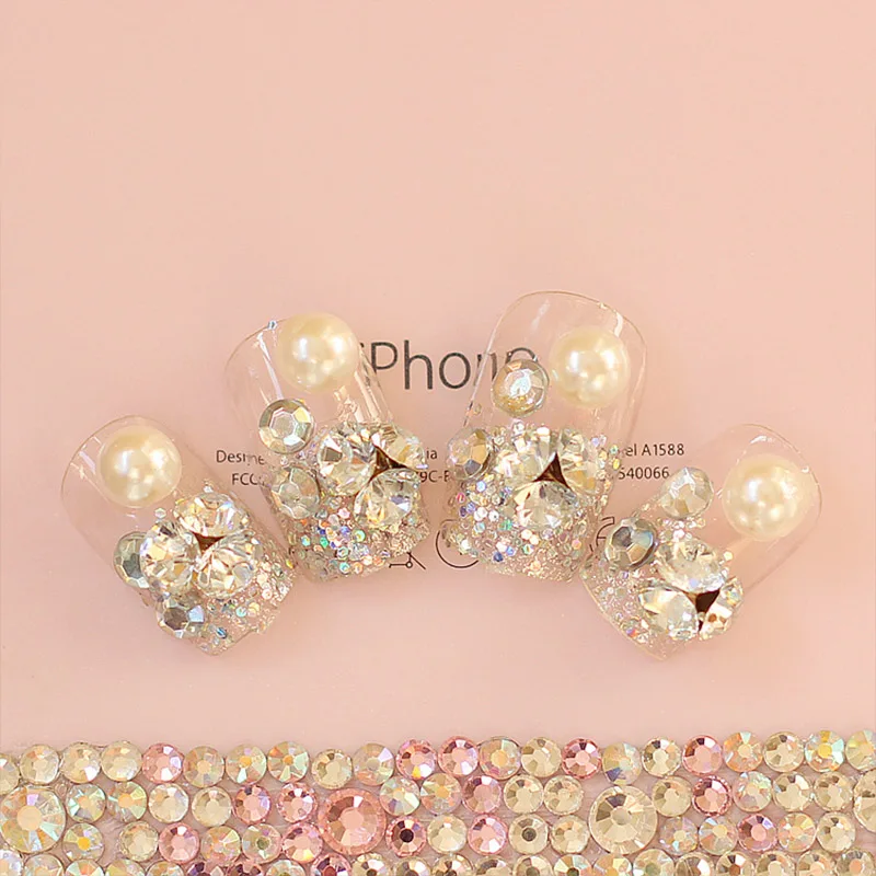 Transparent Pearl Decor Shining Rhinestone False Nails Long Square Head Full Cover Fake Nails with Glue Back Stickers 24pcs/set