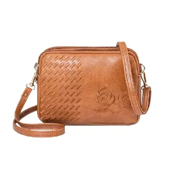 

Women PU Leather Messenger Bag Multi Pocket Zipper Female Solid Color Purse Flower Embroidered Retro Shoulder Crossbody Handbags