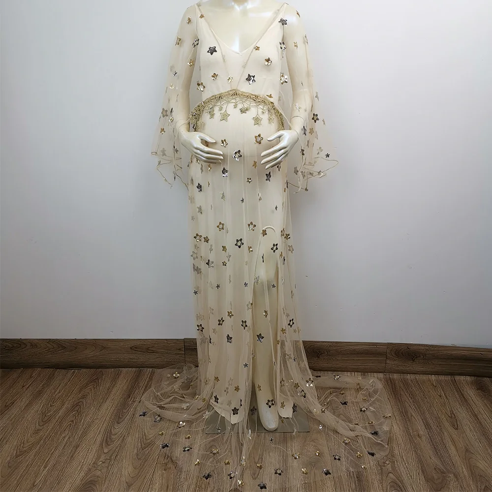 

A Set Stretch Modal Side Split Maternity Dress, Pregnancy Tulle Star Photo Gown for Woman Photography Prop Baby Shower Gift
