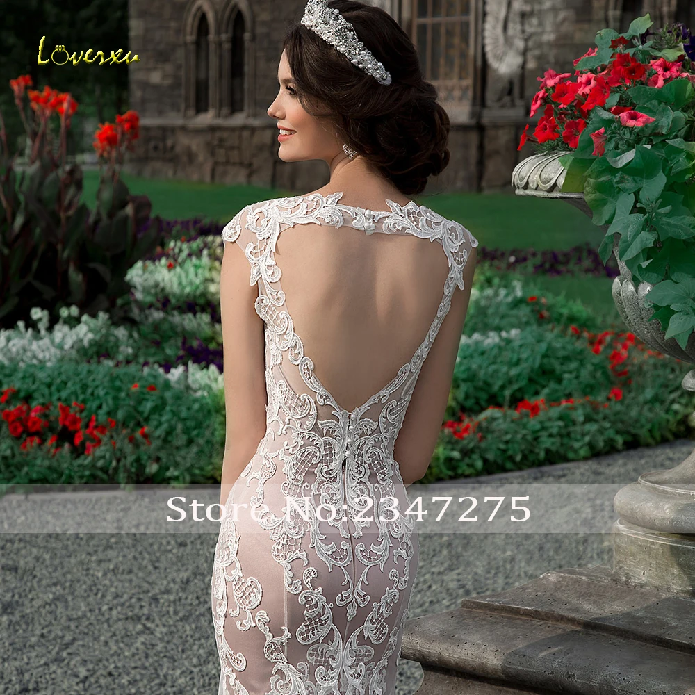 Loverxu Sexy Backless See Through Mermaid Wedding Dresses Luxury Applique Lace Sweep Train Vintage Trumpet Bridal Gowns