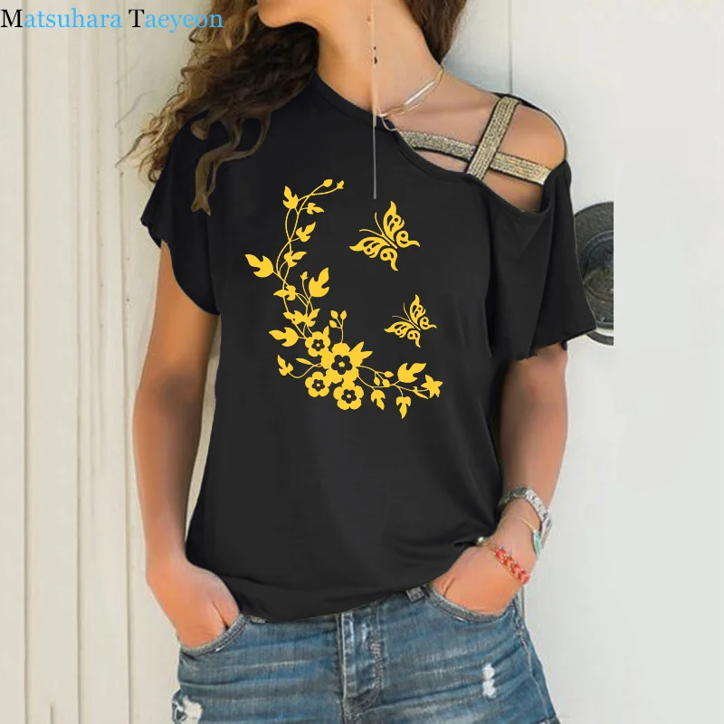 

New 3D butterfly flowers Funny Print T-Shirt Women Cotton Short Sleeve Female T-shirts Fashion Irregular Skew Cross Bandage Tees