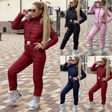 Элегантный женский лыжный костюм с капюшоном, однотонный комбинезон, элегантный теплый лыжный костюм на молнии, цельный Зимний комбинезон, зимний спортивный костюм