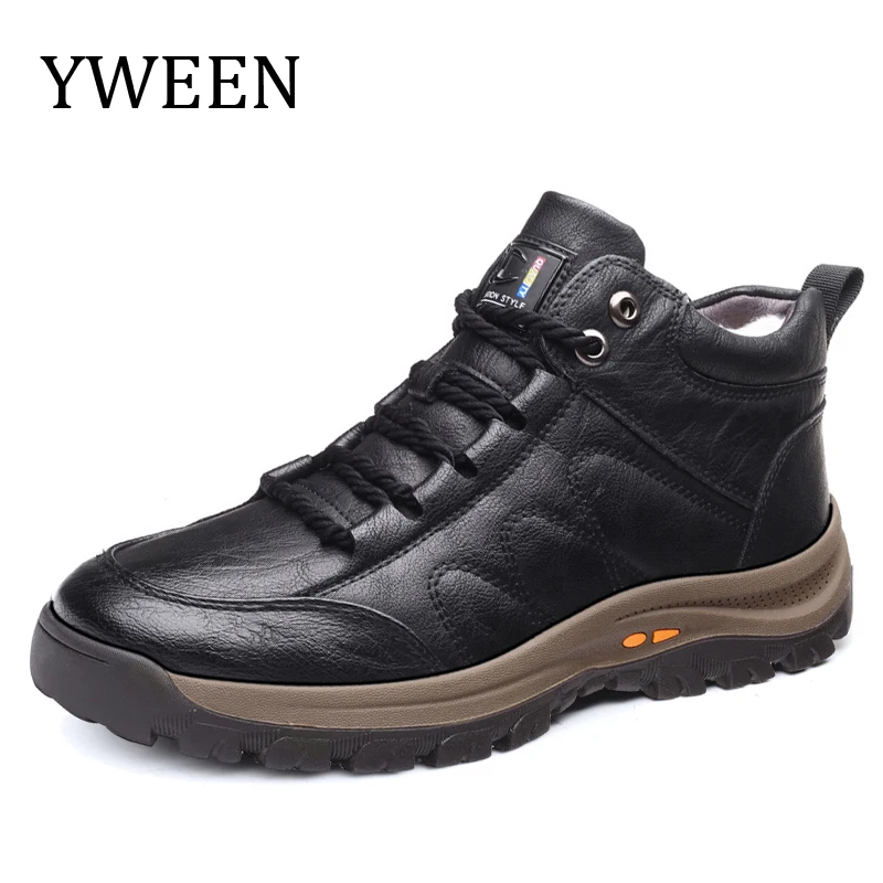 Men Leather Boots Wool Fur Thick Composite Sole Winter Shoes Men Cowhide Leather Designer Outdoors Ankle Boots For Man outdoor boots,men leather boots