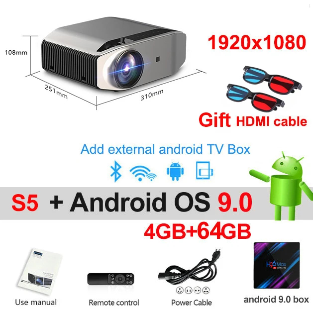 Vivicine S5 новейший 1080p проектор, опция Android 9,0 1920x1080 Full HD светодиодный Видеопроектор для домашнего кинотеатра - Цвет: Android 9.0 Box 64GB