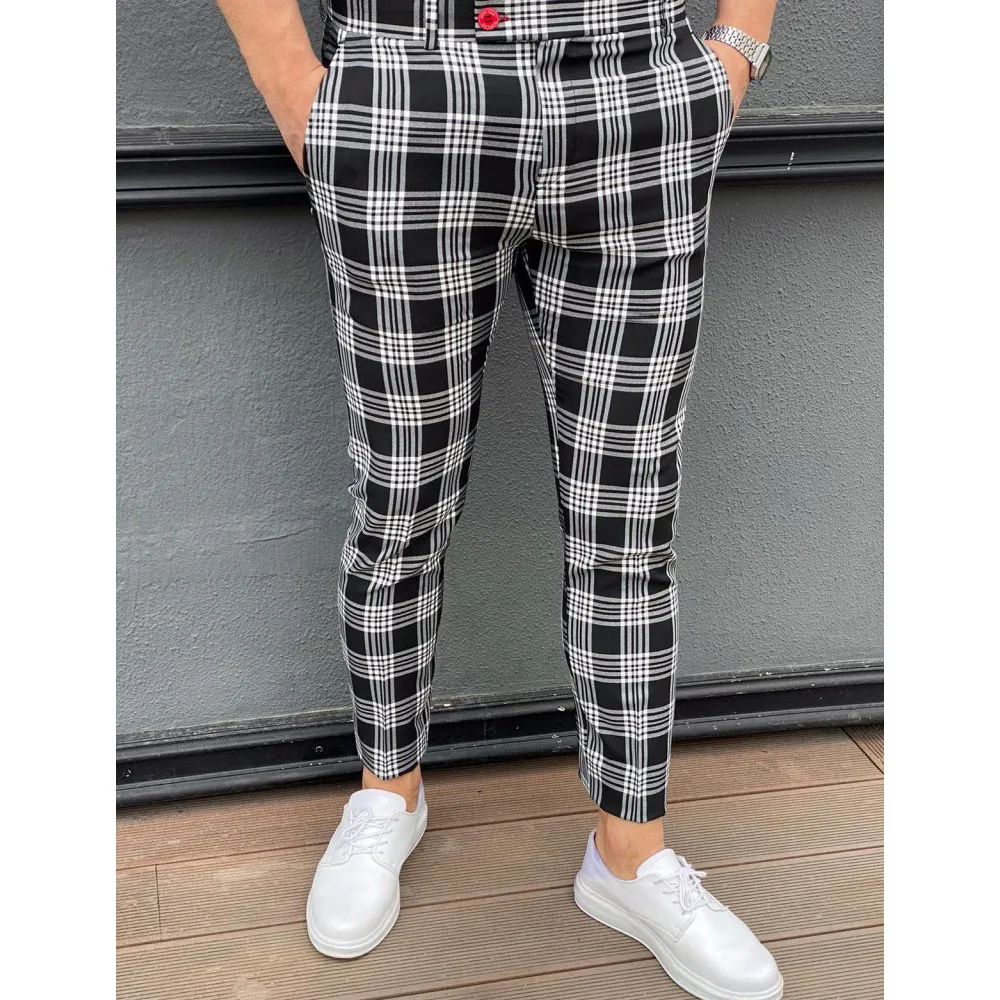 Men's Casual Plaid Print Pants Skinny Pencil Pants Zipper Elastic Waist Oversize Pants