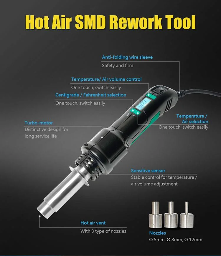 Pro'sKit SS-602H 300W Hot Air Gun LCD Display Temperature Adjustable SMD soldering Rework Station Tool with 3 Air nozzles