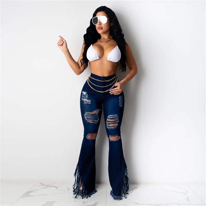 Women Denim Flared Pants Trousers Ripped Hole Tassel Decoration High Waist Design Womens Jeans Bell-bottoms Pantalon Femme | Женская