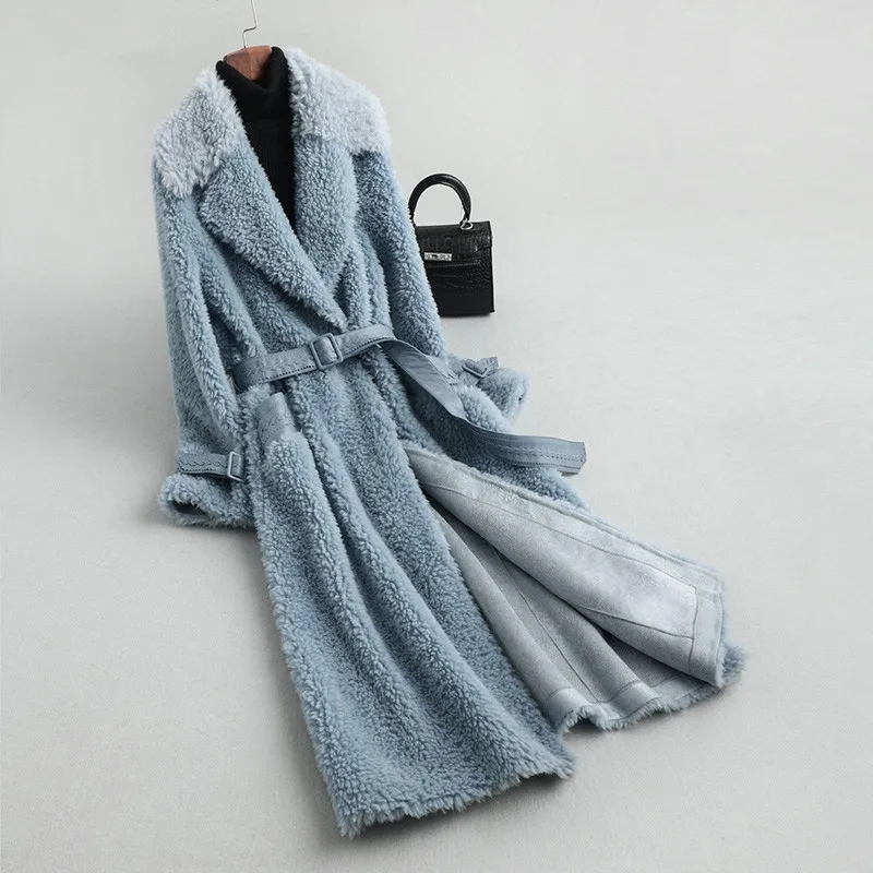 AYUNSUE/женская шуба из овечьей шерсти; шубы; зимняя куртка для женщин; шерстяное пальто с кожаным поясом; корейские длинные куртки; MY - Цвет: gray blue