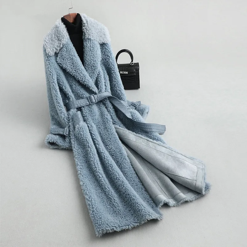 gray blue AYUNSUE/женская шуба из овечьей шерсти; шубы; зимняя куртка для женщин; шерстяное пальто с кожаным поясом; корейские длинные куртки; MY - Цвет: gray blue