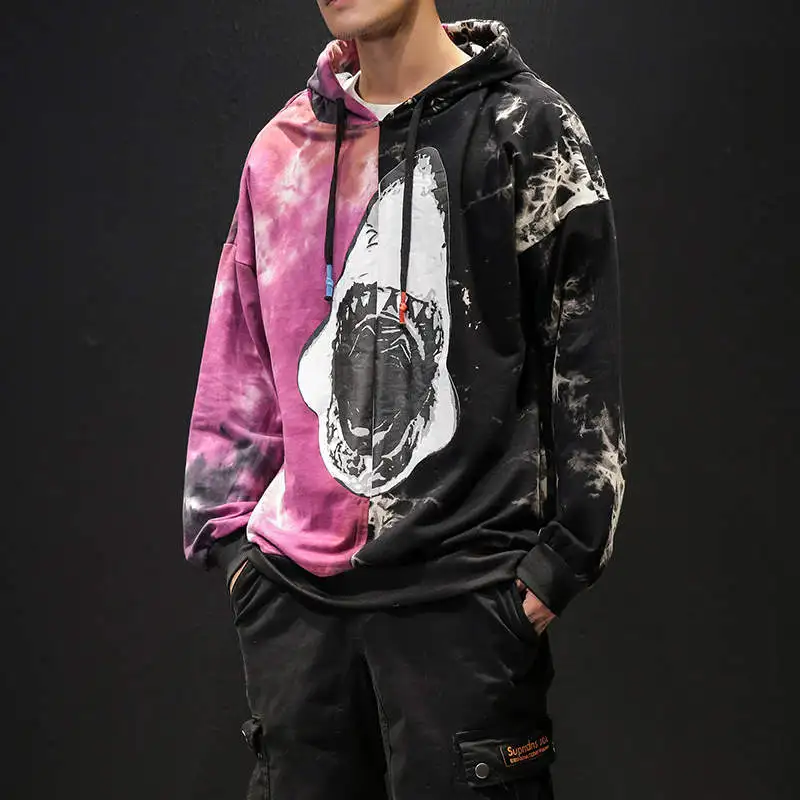 SingleRoad мужские толстовки негабаритных Tie Dye пэчворк Акула Harajuku Японская уличная одежда хип-хоп толстовка мужская Толстовка
