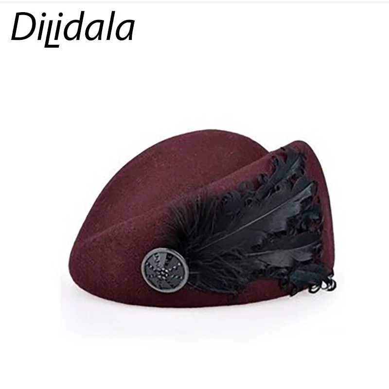 Dilidala, осенне-зимний берет, шапка с двойным цветком, берет, Зимняя мода, винтажный, английский, черный, перо, топ, шапка, берет для женщин