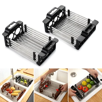 

Stainless Steel Retractable Kitchen Sink Rack Fruit And Vegetable Basket Dishes Tray Storage Retractable Drain Rack E2S