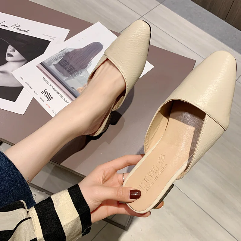 

Pop Spring Nice Slippers Women Shoes Female Pointed Toe Thick Low Heels Solid Leather Retro Casual Shoes Woman Mules Slides