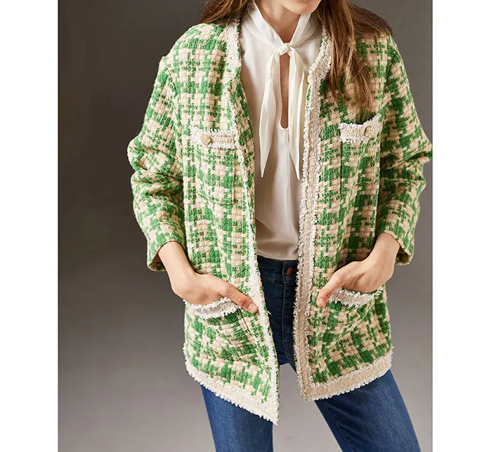 Высокое качество Свободное длинное твидовое пальто для женщин Подиум карманы бахрома авокадо зеленая клетчатая длинная твидовая куртка и пальто верхняя одежда
