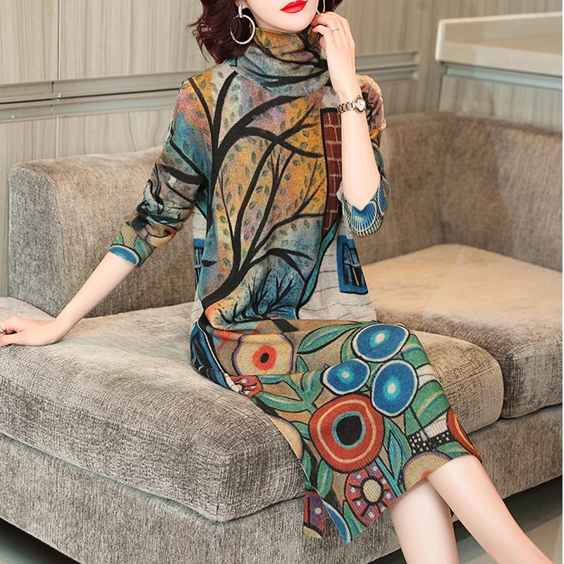 

Autumn Winter Vintage Casual Floral Warm Long Turtleneck Wool Sweaters Elegant Women Print Bodycon Knitting Sweater Dresses